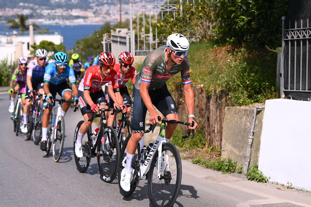 NAPOLI ITALY MAY 14 Mathieu Van Der Poel of Netherlands and Team Alpecin Fenix competes in the breakaway during the 105th Giro dItalia 2022 Stage 8 a 153km stage from Napoli to Napoli Giro WorldTour on May 14 2022 in Napoli Italy Photo by Tim de WaeleGetty Images