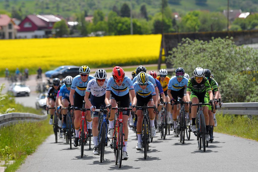 GOTHA GERMANY MAY 30 Lone Meertens of Belgium and Team Belgium leads The peloton passing through flowery landscape during the 34th Internationale LOTTO Thringen Ladies Tour 2021 Stage 6 a 978km stage from Gotha to Gotha ltlt2021 lottothueringenladiestour womencycling on May 30 2021 in Gotha Germany Photo by Luc ClaessenGetty Images