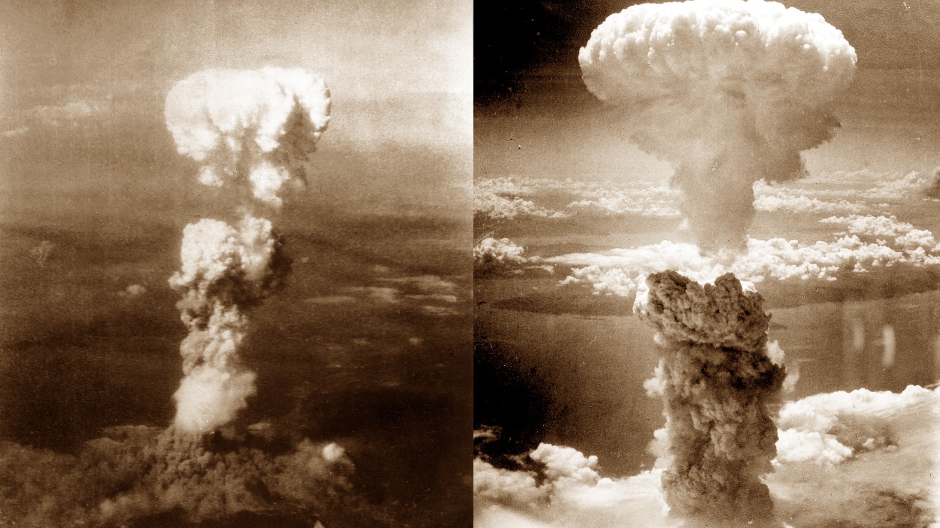 The detonation over Hiroshima (left) and the explosion over Nagasaki (right)