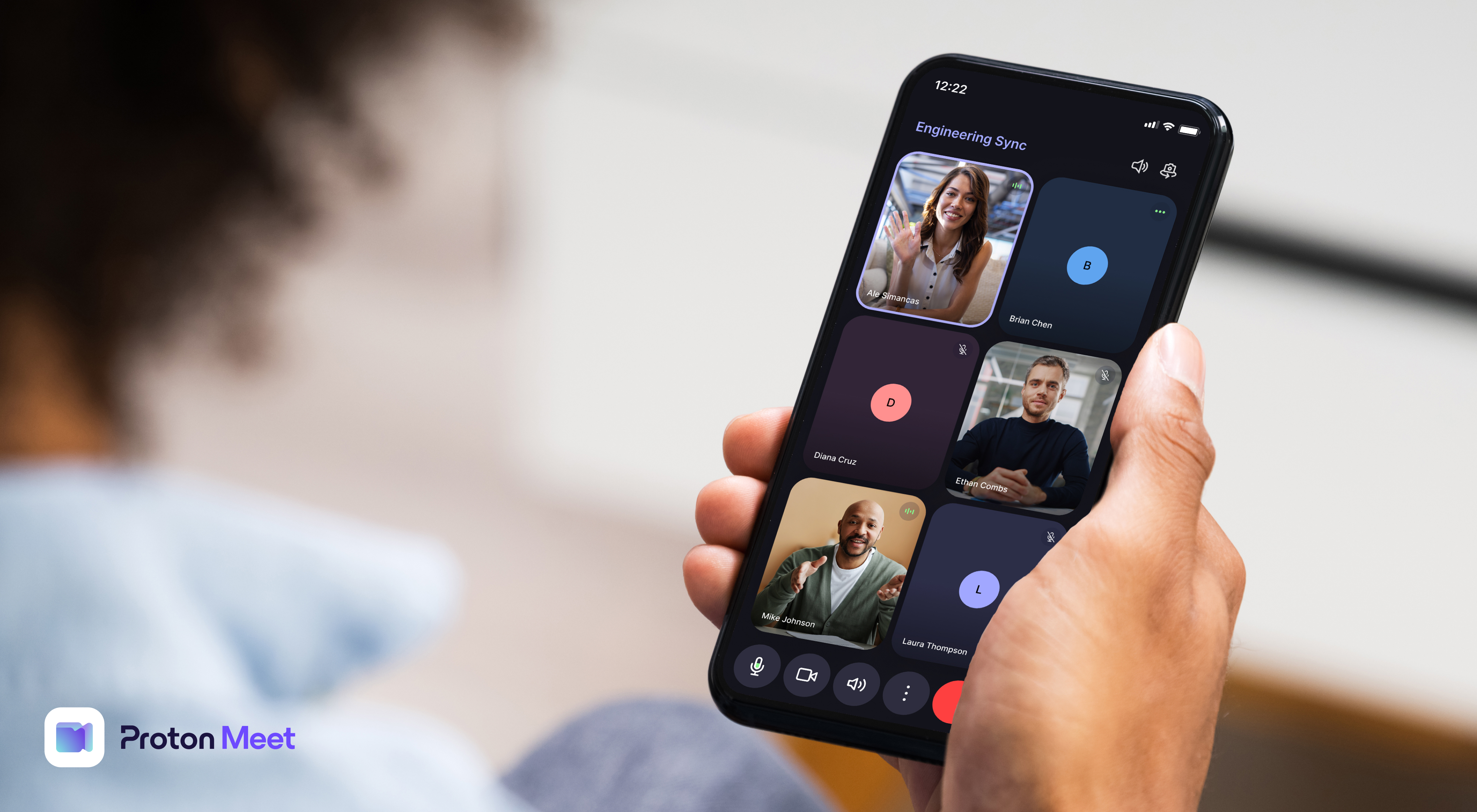 Promotional images for Proton Meet, the Proton Workspace video conferencing platform, showing users in a video call on a smartphone