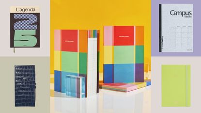 A series of planners in different colors and materials.