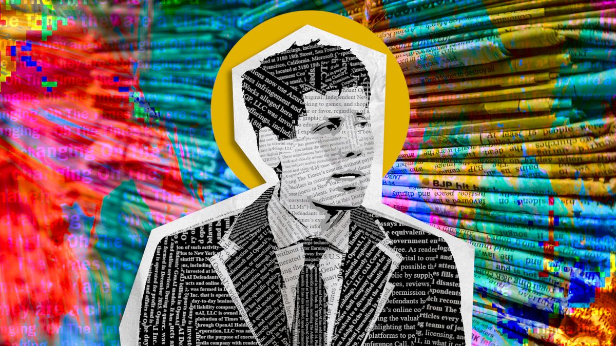 Scrapbook styled punk pop-art image showing a depiction of OpenAI CEO Sam Altman made from folded up pieces of paper from a legal document from a lawsuit by The New York Times.