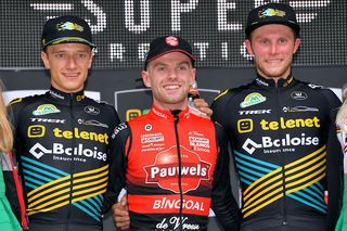 Elite men's winner Eli Iserbyt (Pauwels Sauzen-Bingoal) flanked by Telenet Baloise Lions duo Quinten Hermans (left) and Corne Van Kessel at the opening round of the 2019 Telenet Superprestige cyclo-cross series in Gieten