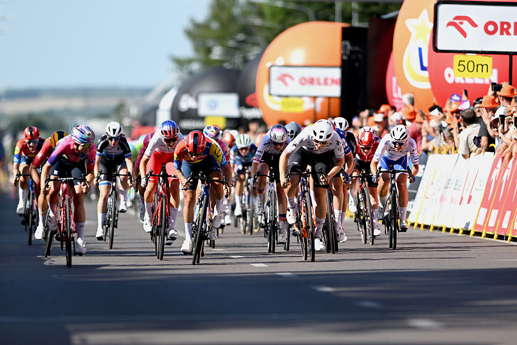 Clara Copponi of France and Team Lidl - Trek, Kathrin Schweinberger of Austria and Team Human Powered Health and Chiara Consonni of Italy and Team CANYON//SRAM zondacrypto compete on the las 50m to the finish line during the 13th Tour de Pologne Feminin, Stage 1 