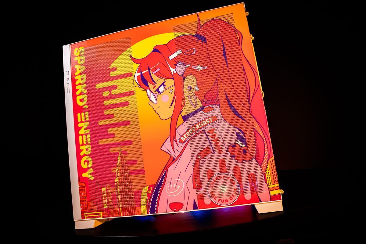 Dunkin's themed PC covered in anime girls.