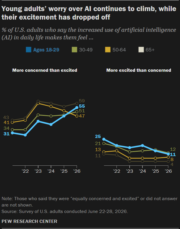 A graph showing the excitement to concern ratio of AI among different age groups of respondents