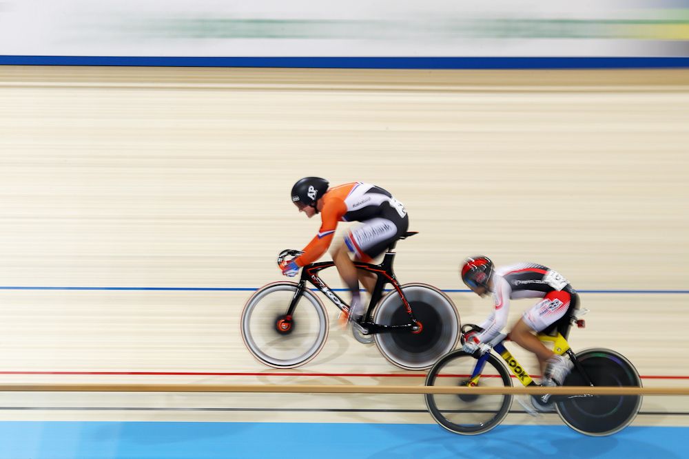 omoyuki Kawabata of Japan and Jeffrey Hoogland of the Netherlands compete in the Men's Sprint 1/8 Finals