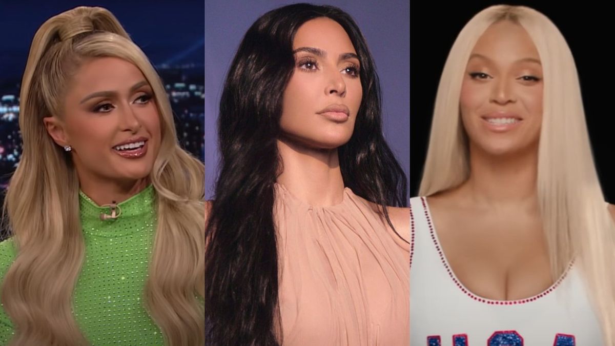 From left to right: A screenshot of Pairs Hilton smiling on The Tonight Show, Kim Kardashian looking to the right with a straight face in The Kardashians press photo and Beyonce smiling in NBC Olympics&#039; ad screenshot.