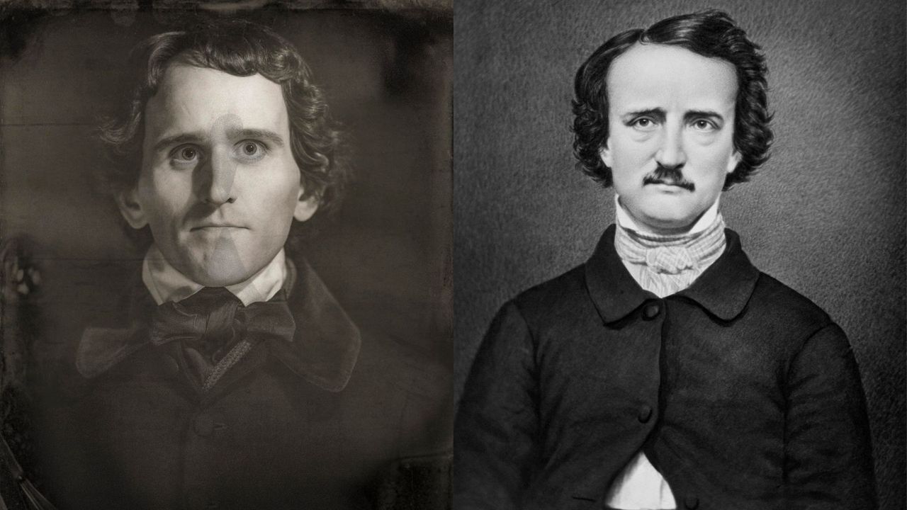 Edgar Allan Poe in The Pale Blue Eye next to the real Edgar Allan Poe