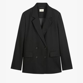 A cutout of a black Hush Longline Blazer on a pale background