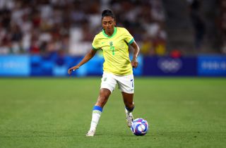 Kerolin #7 of Team Brazil controls the ball during the Women's semifinal match between Brazil and Spain during the Olympic Games Paris 2024 at Stade de Marseille on August 06, 2024 in Marseille, France. 