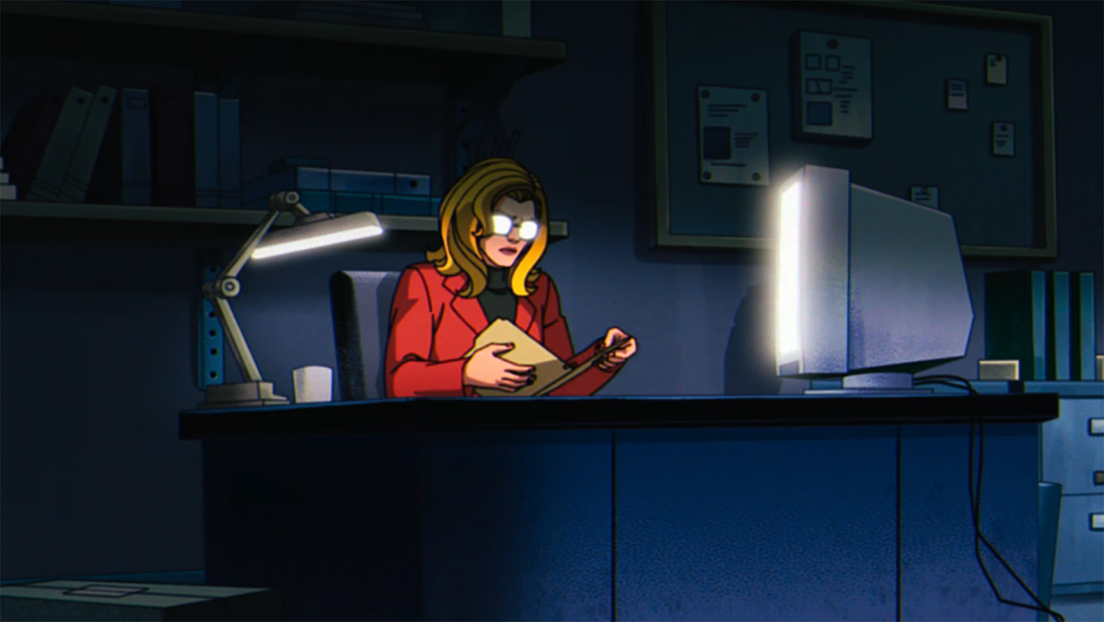 Mystique masquerading as Valerie Cooper sitting at her desk in X-Men '97 season 2 episode 9