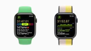 Apple Watch watchOS 9 updates, showing heart rate zone and running power screens