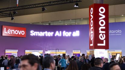 Lenovo logo and branding pictured at the company booth at Mobile World Congress (MWC) 2025 in Barcelona, Spain.