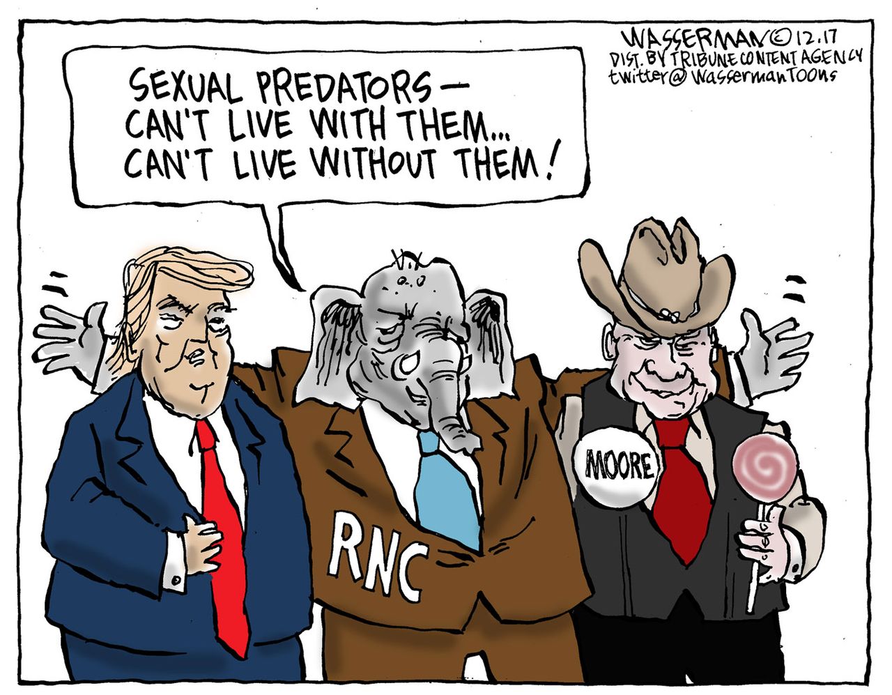 Political cartoon U.S. GOP Roy Moore Trump sexual assault