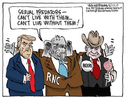 Political cartoon U.S. GOP Roy Moore Trump sexual assault