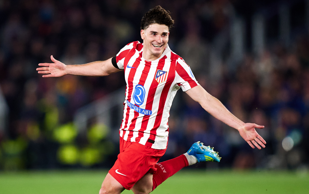 Julian Alvarez of Atletico Madrid scores against FC Barcelona