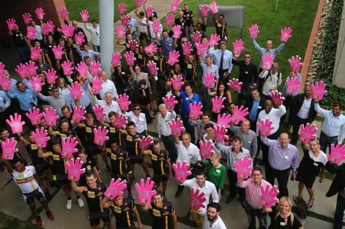 The pink hands were part of the "Get Africa to the Giro" campaign
