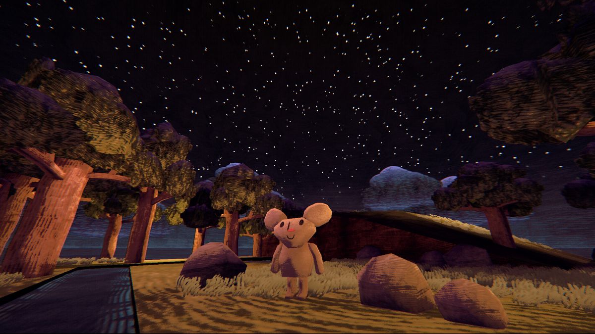 A teddy bear-like character stands in a forest in game art made in Blender to look like papercraft