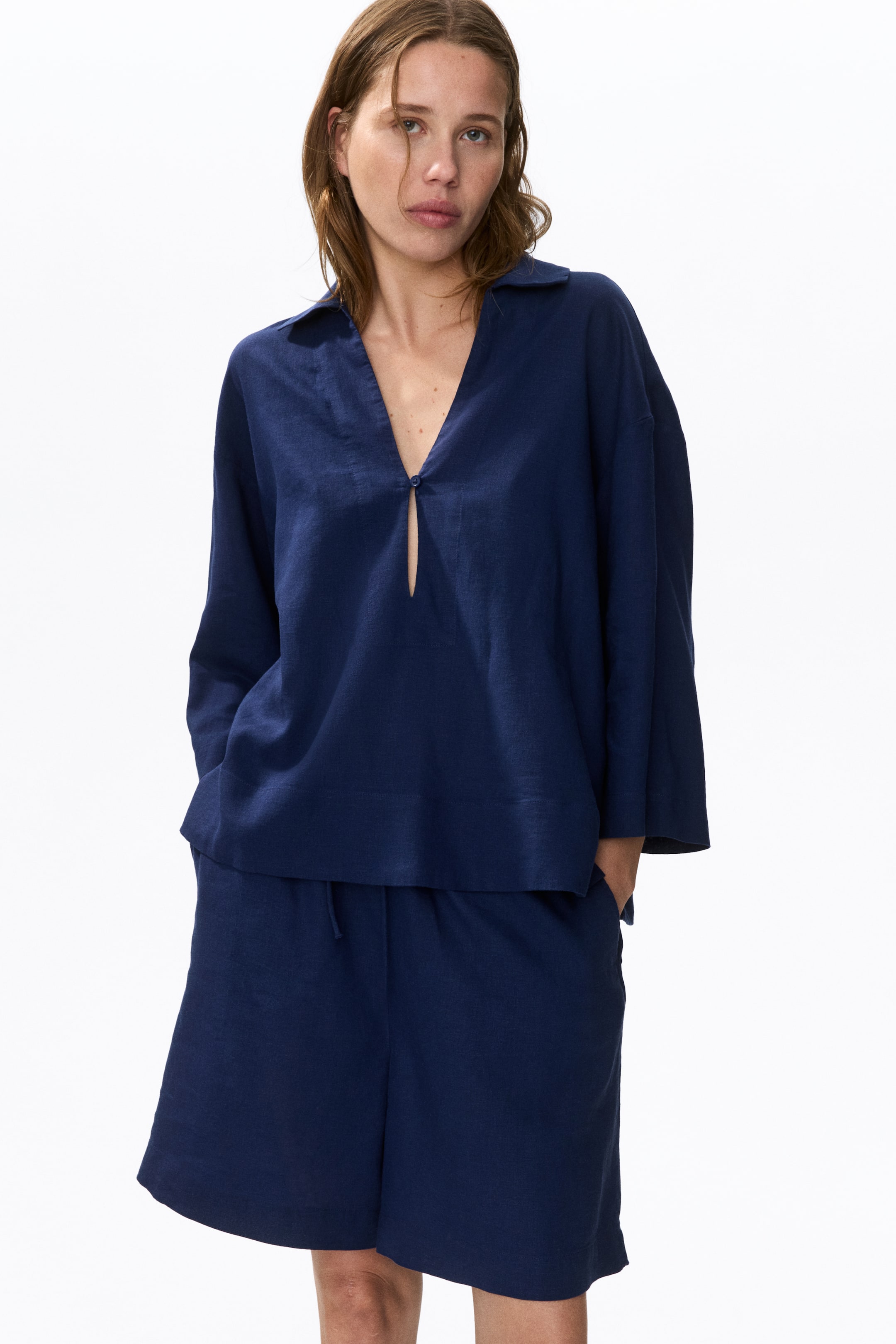 Linen-Blend Popover Shirt