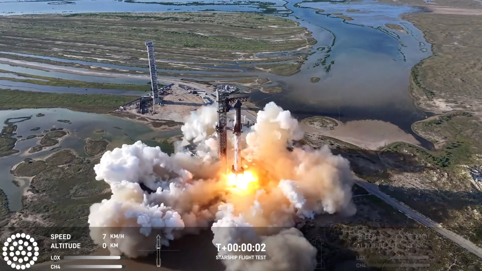 a giant rocket launches from a seaside wetland habitat into a blue sky