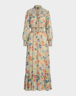 Smocked Floral-Print Flounce Maxi Dress