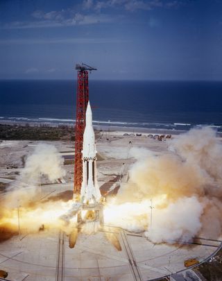 NASA's Saturn I rocket launches on the SA-4 test flight from the Kennedy Space Center's Launch Complex 34 in Cape Canaveral, Florida on March 28, 1963.