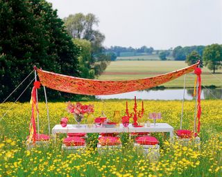 A green field full of yellow flowers with a dining table and stools featured under a canopy