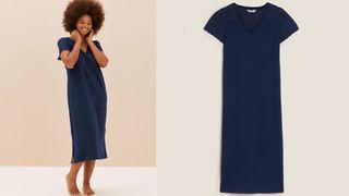 long navy nightgown with V neck