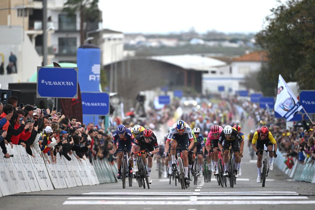 TAVIRA PORTUGAL FEBRUARY 21 LR Casper Van Uden of the Netherlands and Team Picnic PostNL Alberto Dainese of Italy and Tudor Pro Cycling Team stage winner Jordi Meeus of Belgium and Team Red Bull BORA hansgrohe Madis Mihkels of Estonia and Team EF Education EasyPost Arnaud De Lie of Belgium and Team Lotto and Milan Fretin of Belgium and Team Cofidis sprint at finish line during to the 51st Volta ao Algarve em Bicicleta Stage 3 a 1835km stage from Vila Real Santo Antonio to Tavira on February 21 2025 in Tavira Portugal Photo by Tim de WaeleGetty Images