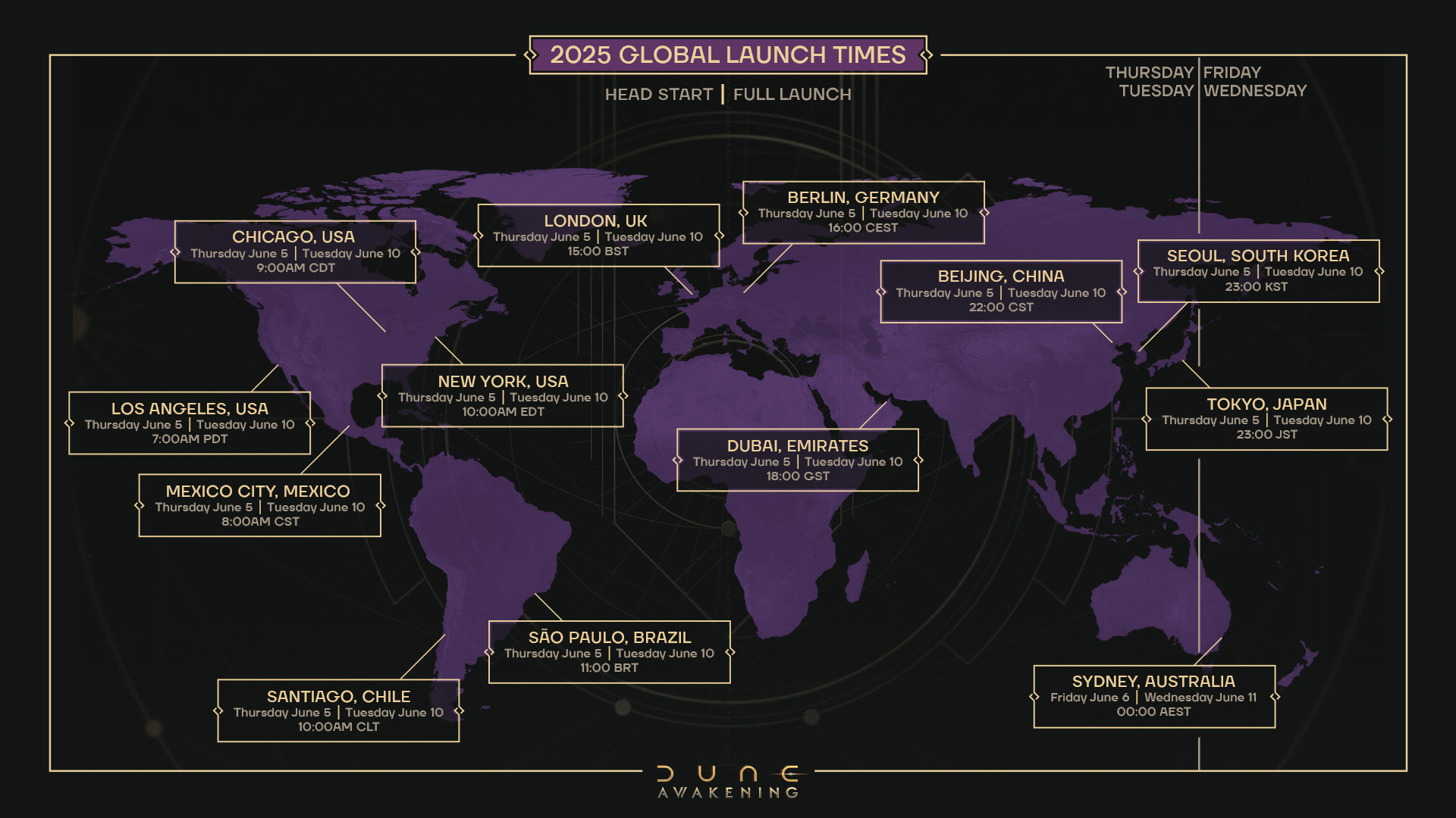 A world map of Dune: Awakening preload and launch times