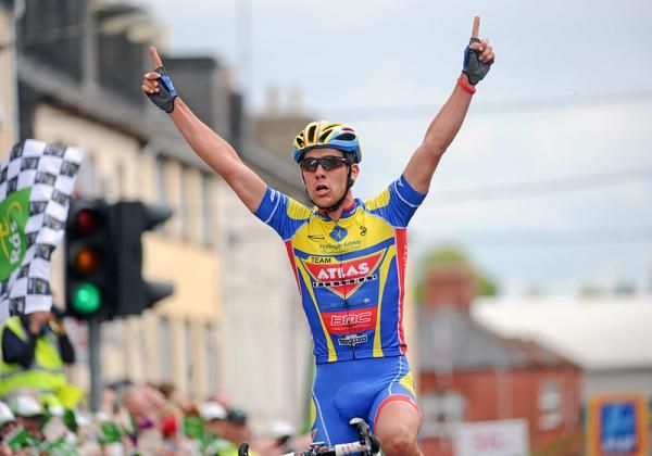 Pirmin Lang (Atlas Jakroo) celebrates winning the second stage of the 2012 An Post R&aacute;s.