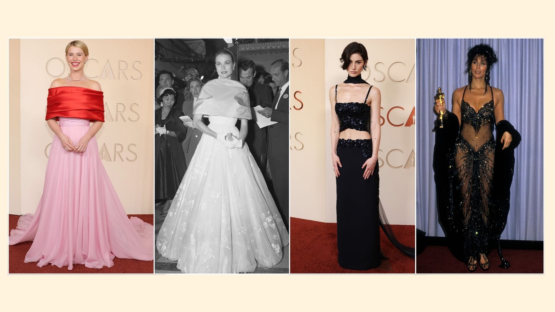 A collage of all the red carpet fashion references on the 2026 Oscars red carpet. 