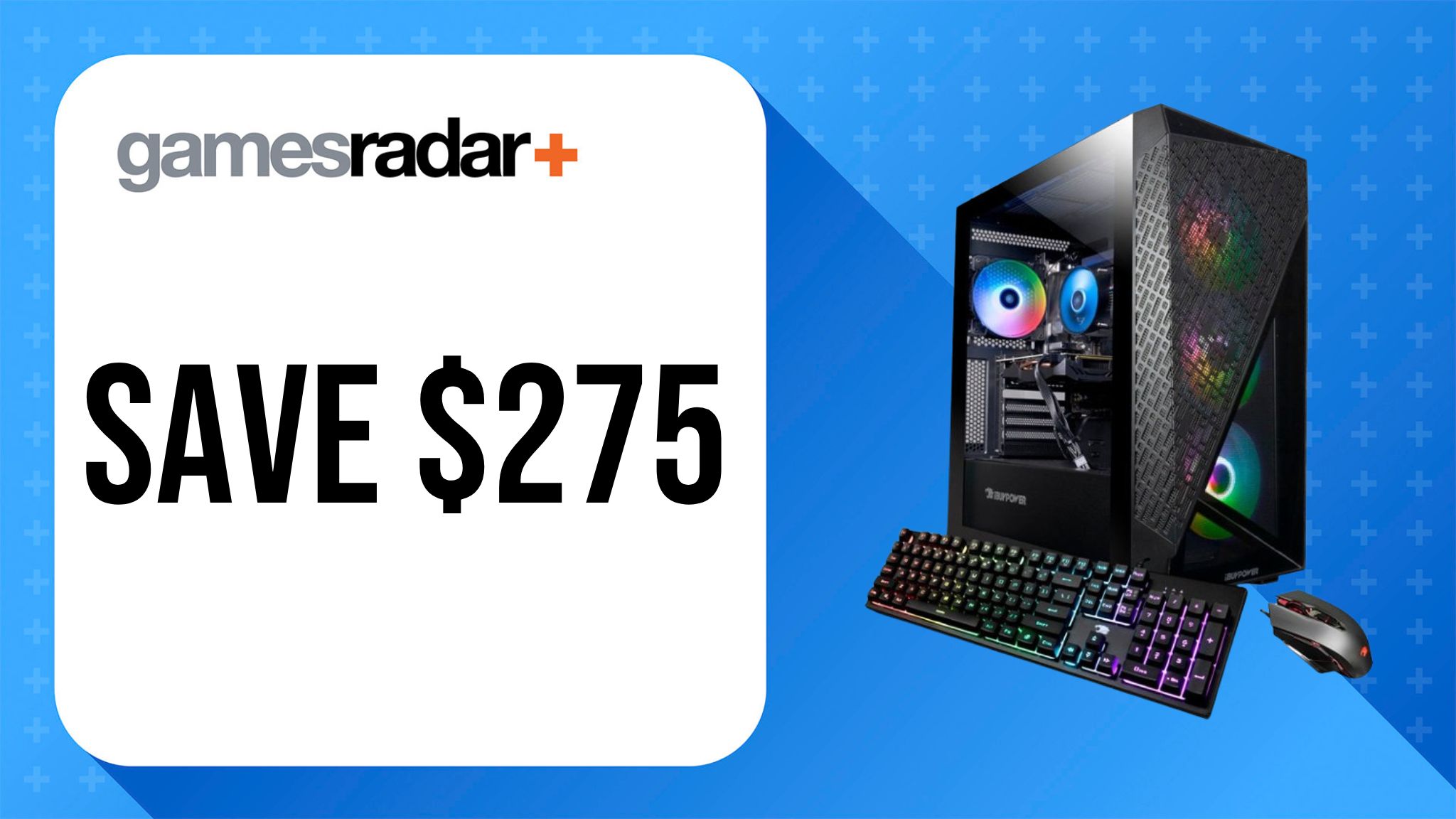 Imagen de la oferta de iBUYPOWER SlateMESH Gaming Desktop con sello de ahorro de $275 y fondo azul
