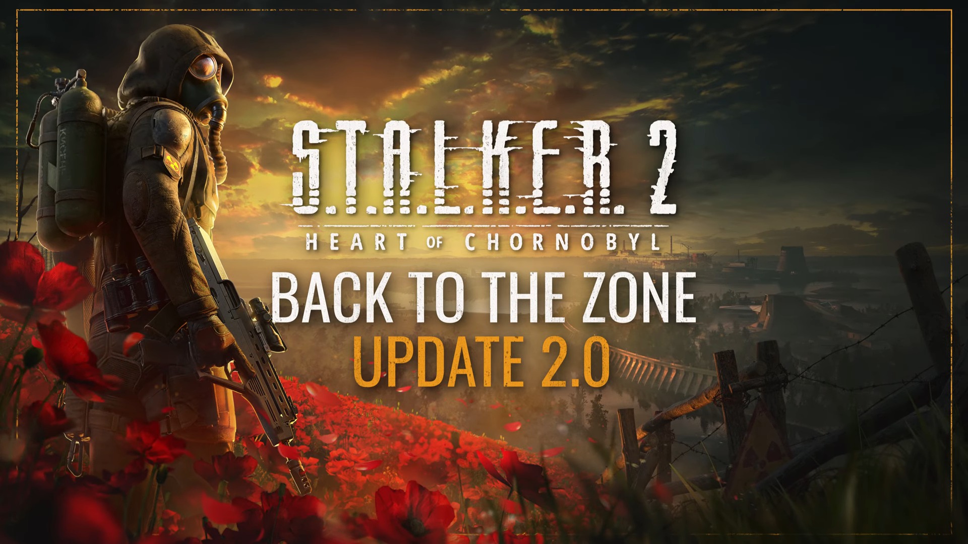 A gas-masked figure in tactical gear stands in a field of red poppies, overlooking a desolate landscape under a sunset sky for Stalker 2 update 2.0.