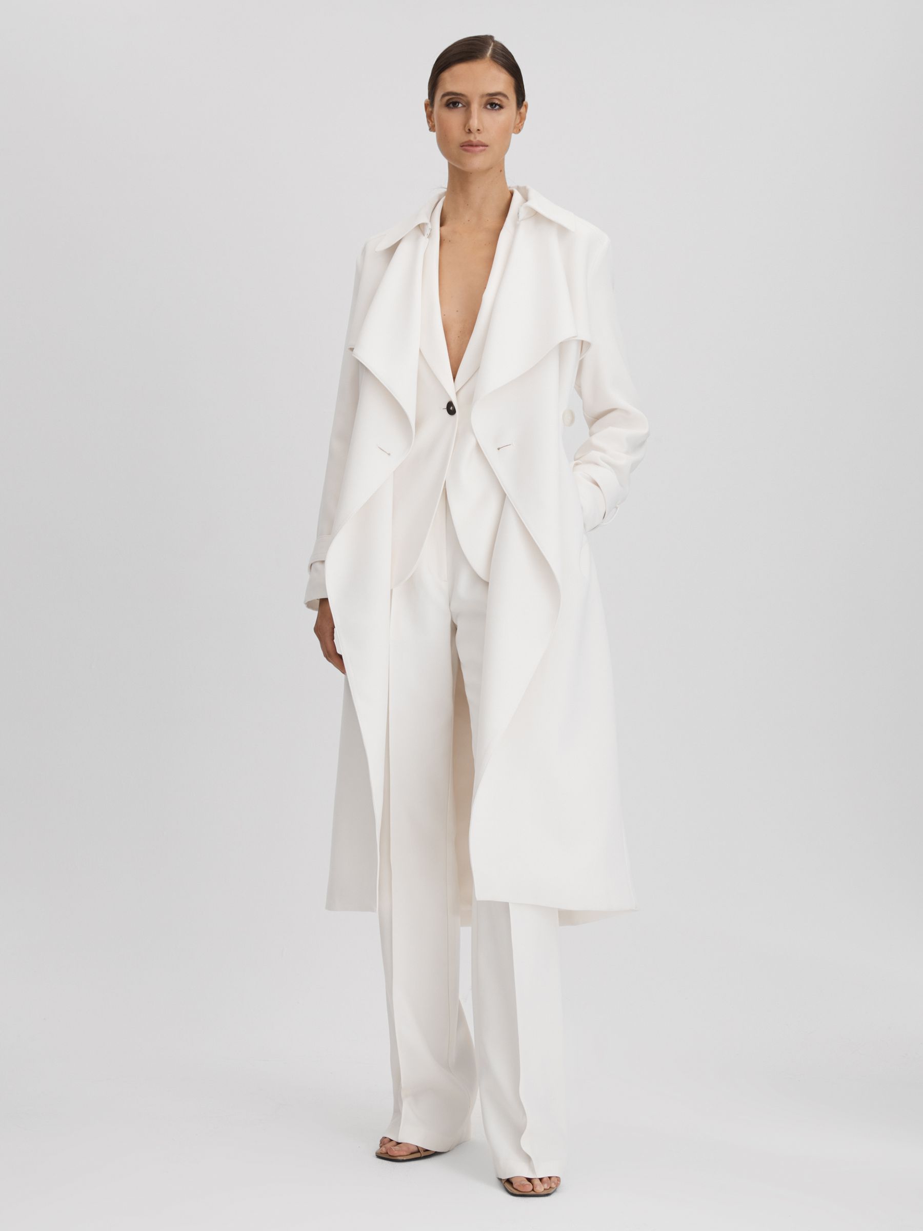 Reiss White Etta Double Breasted Belted Trench Coat