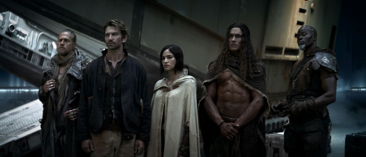 Kai, Gunar, Kora, Tarak and Titus (L-R) in Rebel Moon - Part One: A Child of Fire