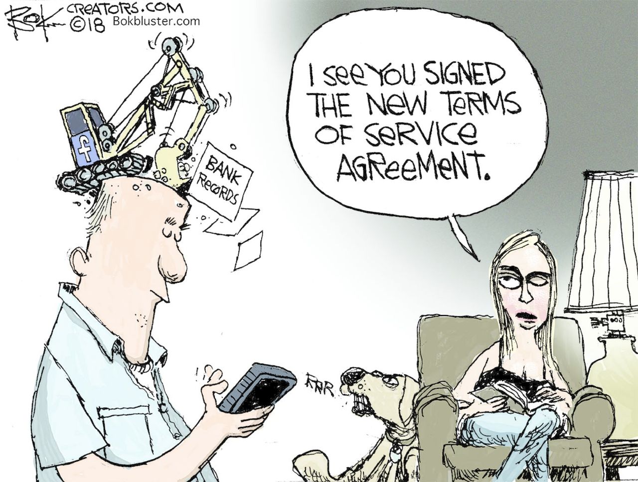 Editorial cartoon U.S. Facebook service agreement personal information bank data