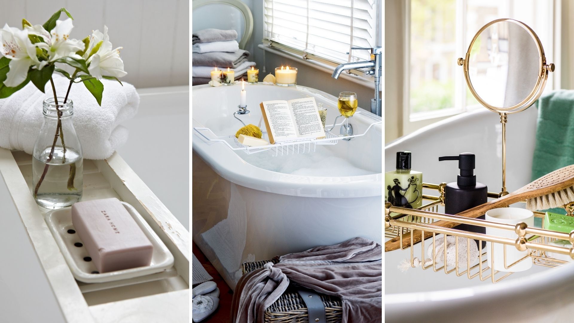 composite of three pictures features bath trays with candles, flowers and other bath products on them