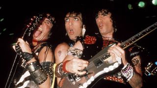 (from left) Gene Simmons, Paul Stanley, Bruce Kulick performing live onstage, 16 December, 1985