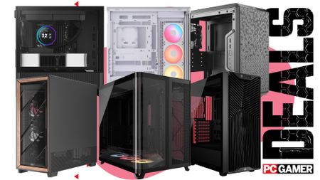 A selection of PC cases on a pink and white background with "deals" text running vertically down the right hand side