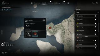 Assassin's Creed Shadows knowledge points - The map legend highlighting a temple location on the map that rewards knowledge.