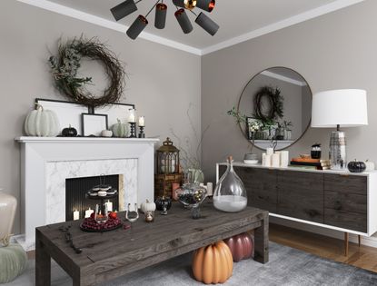 A living room with Halloween decorations