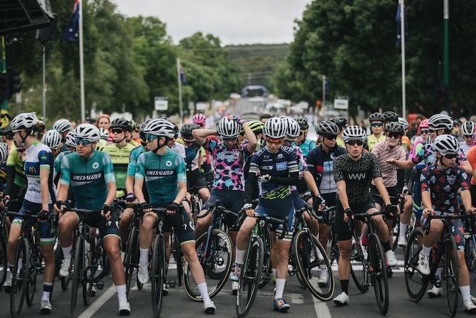 The riders line up for the elite women&rsquo;s road race at the 2020 Australian Road Championships