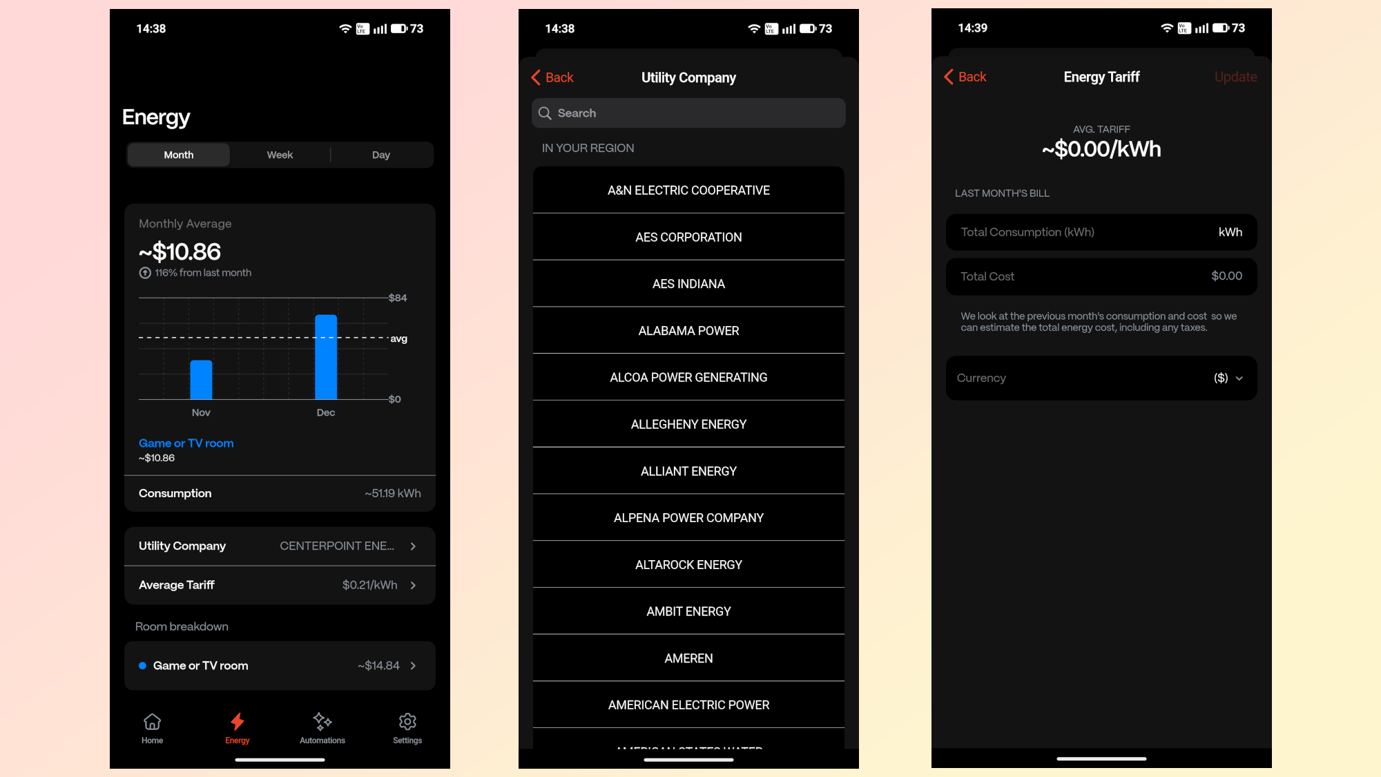 A series of screenshots showing off the energy and usage tracking settings in the Boldr app for the Kelvin infrared heater