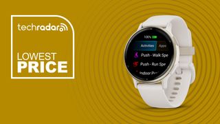 Garmin vivoactive 5 on a yellow background with the text lowest price 