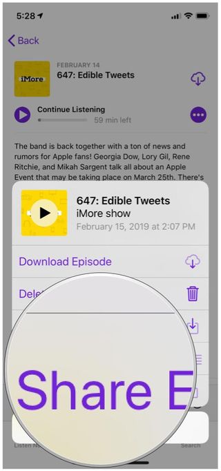 Apple Podcasts episode detail share episode menu