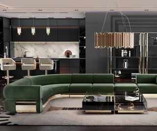 curved green sofa in open plan kitchen living room