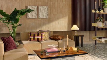 a modern living room with minimalist wall art