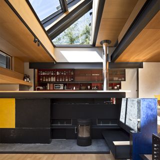 kitchen with wooden ceiling sunroof and kitchen shelves